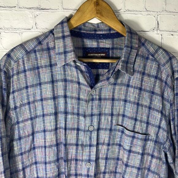 Johnston & Murphy Plaid Button Down shirt L Large Blue - Picture 2 of 7